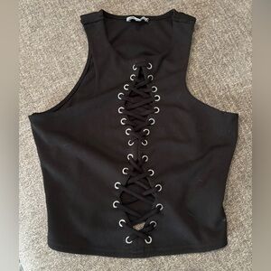 Black Lace-Up Cut Out Front Crop Top S
